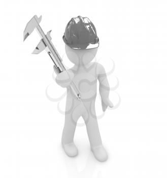 3d man engineer in hard hat with vernier caliper on a white background