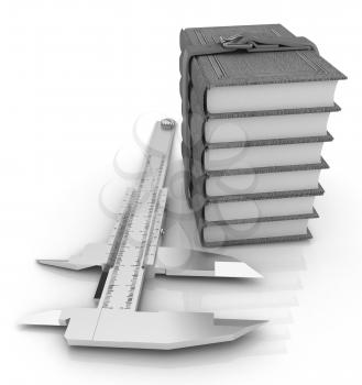 Vernier caliper and leather professional books. Best professional knowledge concept on a white background