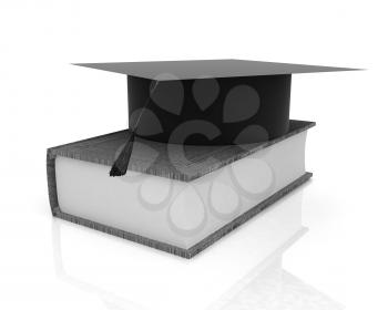 Graduation hat on a leather book on a white background
