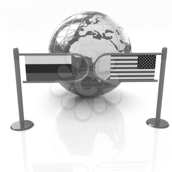 Three-dimensional image of the turnstile and flags of USA and Russia on a white background 