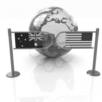 Three-dimensional image of the turnstile and flags of USA and Australia on a white background 