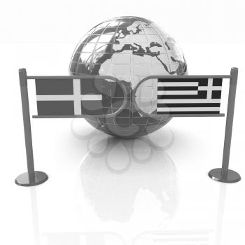 Three-dimensional image of the turnstile and flags of Denmark and Greece on a white background 