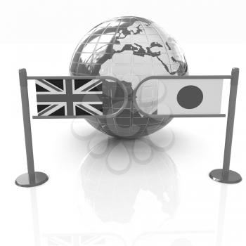 Three-dimensional image of the turnstile and flags of UK and Japan on a white background 