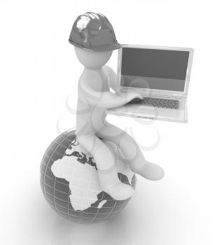 3d man in a hard hat sitting on earth and working at his laptop on a white background