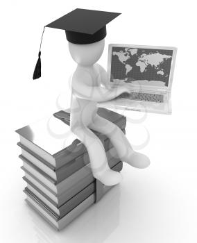 3d man in graduation hat with laptop sits on a colorful glossy boks on a white background
