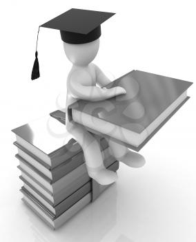 3d man in graduation hat with useful books sits on a colorful glossy boks on a white background