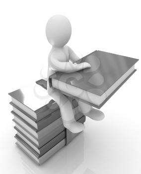 3d man sitting on books and keeps at his book on a white background