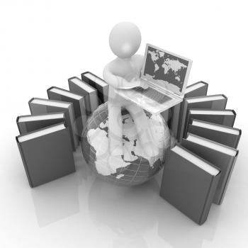 3d man sitting on earth and working at his laptop and books around his on a white background