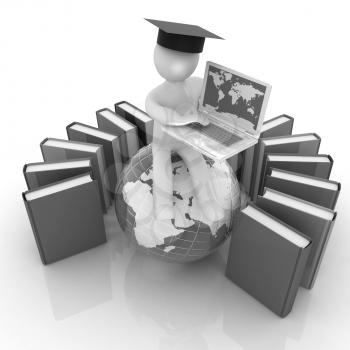3d man in graduation hat sitting on earth and working at his laptop and books around his on a white background