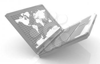 Laptop with world map on screen on a white background