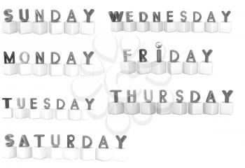 Set of 3d colorful cubes with white letters - days of the week on a white background