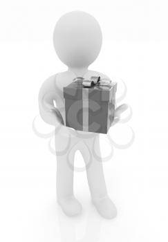 3d man gives red gift with gold ribbon on a white background