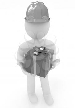 3d man in hard hat with gift on a white background