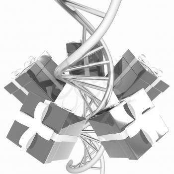 DNA structure model and gifts on white background