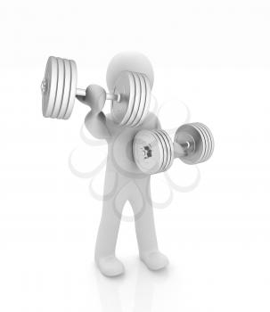 3d mans with metall dumbbells on a white background