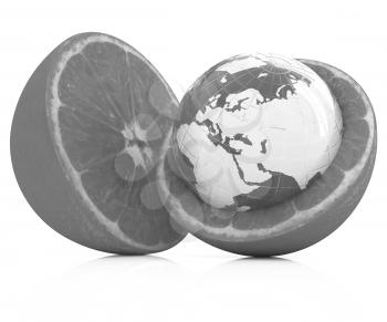 Earth on orange fruit on white background. Creative conceptual image. 