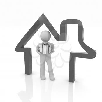 Presentation of new house. 3d man holds the gift, and is within the red icon house 