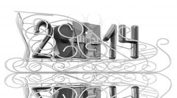 Abstract 3d illustration of text 2014 with present box on a gold sledge