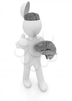 3d people - man with half head, brain and trumb up. 