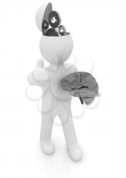 3d people - man with half head, brain and trumb up. Concept of technical solutions with gears