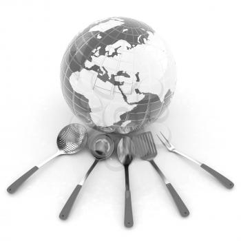 cutlery on white background around Earth