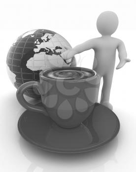 3d people - man, person presenting - Mug of coffee with milk. Global concept with Earth