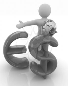 3d people - man, person presenting - euro and dollar with global concept with Earth