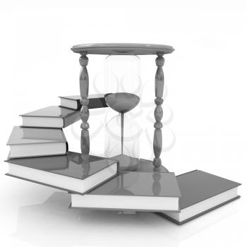 Hourglass and books on a white background