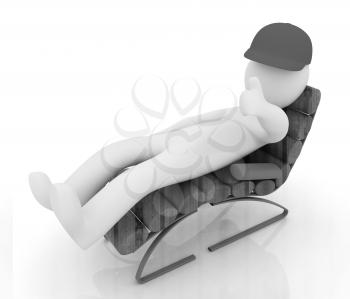 3d white man lying wooden chair with thumb up on white background 