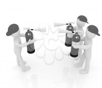 3d mans with red fire extinguisher. The concept of confrontation on a white background
