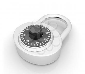 Illustration of security concept with chrome locked combination pad lock on a white background