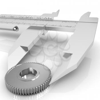 Vernier caliper measures the cogwheel on a white background