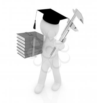 3d man in graduation hat with the best technical educational literature and vernier caliper on a white background