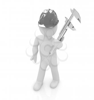 3d man engineer in hard hat with vernier caliper on a white background