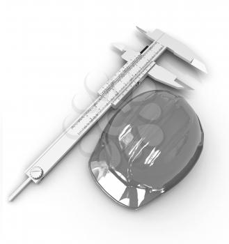 Vernier caliper and yellow hard hat 3d on a white background