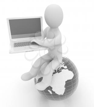 3d man sitting on earth and working at his laptop on a white background