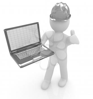 3D small people - an engineer with the laptop on a white background