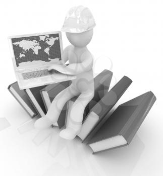 3d man in hard hat sitting on books and working at his laptop on a white background