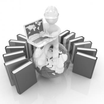 3d man in hard hat sitting on earth and working at his laptop and books around his on a white background