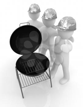 3d mans in a hard hat with thumb up and barbecue grill. On a white background 