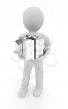 3d man and gift with red ribbon on a white background 