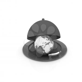 Earth globe on glossy silver dish under food cover over isolated on white 