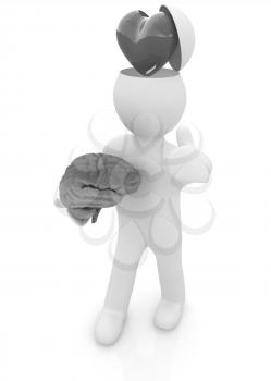 3d people - man with half head, brain and trumb up. Love concept with heart