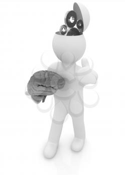 3d people - man with half head, brain and trumb up. Concept of technical solutions with gears