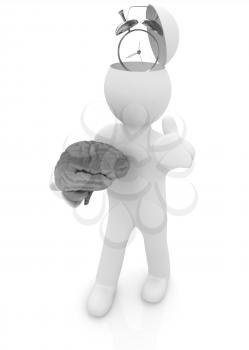 3d people - man with half head, brain and trumb up. Time concept with clock