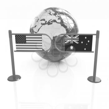 Three-dimensional image of the turnstile and flags of USA and Australia on a white background 