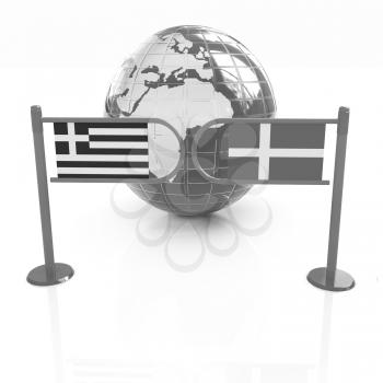 Three-dimensional image of the turnstile and flags of Denmark and Greece on a white background 