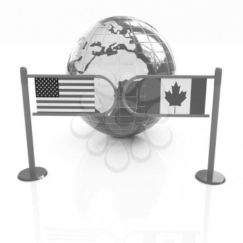 Three-dimensional image of the turnstile and flags of USA and Canada on a white background 