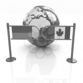 Three-dimensional image of the turnstile and flags of Canada and Ukraine on a white background 