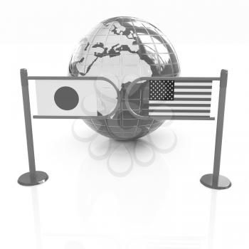 Three-dimensional image of the turnstile and flags of USA and Japan on a white background 